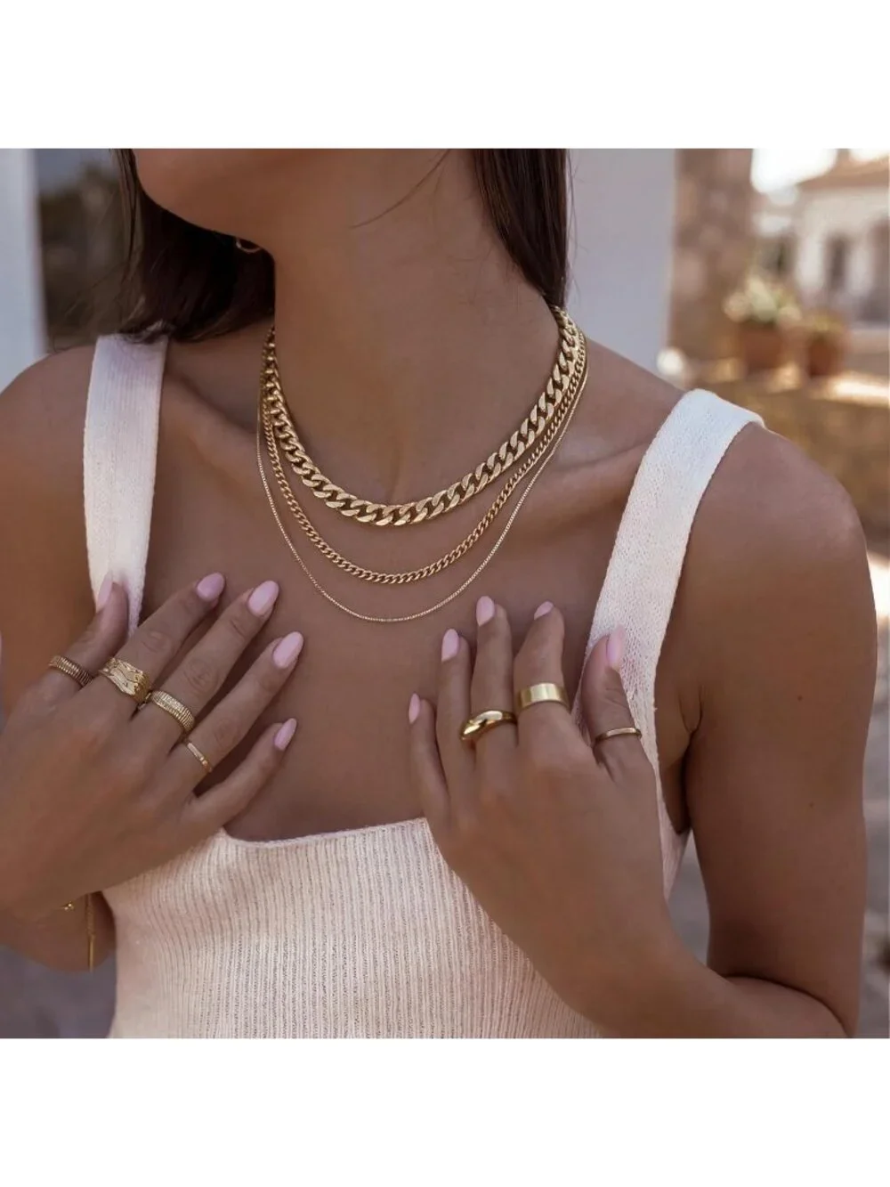 Women's Chunky Cuban Gold Non Tarnish Chunky 14k Gold Plated Layered Necklaces - Picture 4 of 7